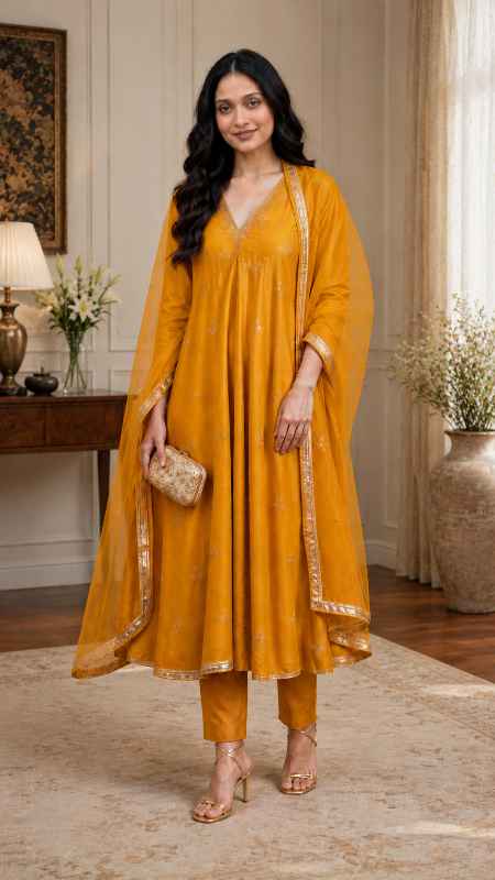 Women's Embroidered Kalidar Kurta Pant Set with Organza Dupatta